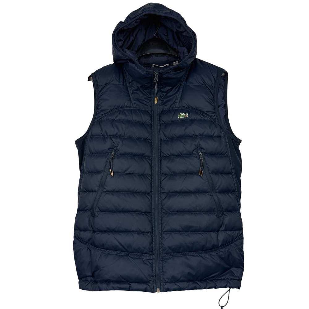 Lacoste Down Puffer Vest Mens Small Hooded Quilted Navy Blue Full Zip BH1526
